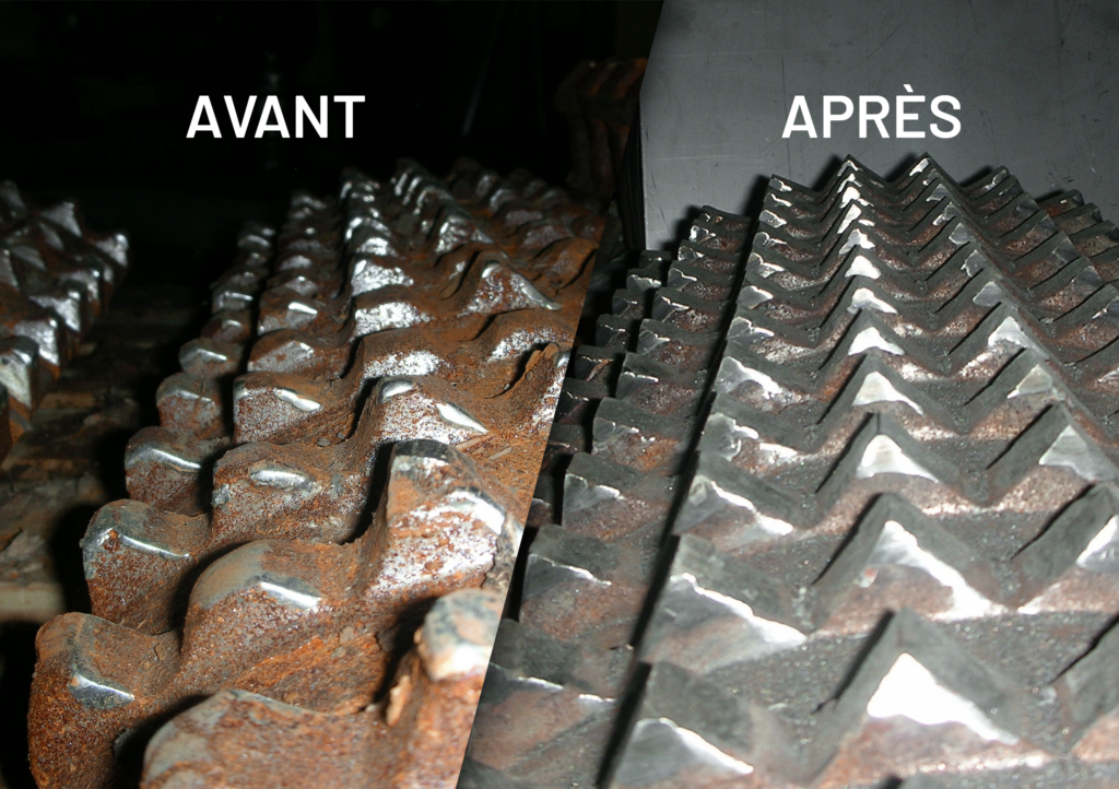 Comparaison avant et après d'un broyeur réparé par rechargement de soudage