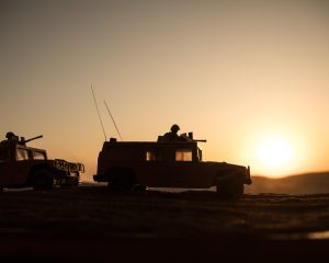 War,Concept.,Military,Silhouettes,Fighting,Scene,On,War,Foggy,Sky