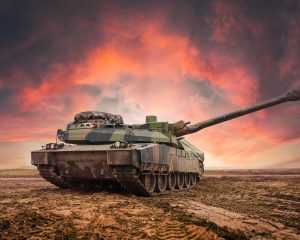 Main,Battle,Tank,In,A,Vast,Empty,Field.,Dramatic,Sky